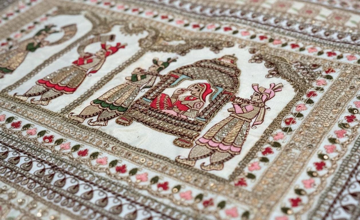 Vintage Gujarati Embroidered Wall Tapestry, Hand-Embroidered Mirror Work Ethnic Decor - KRIDHA DECOR