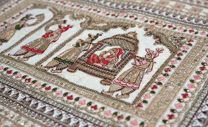 Vintage Gujarati Embroidered Wall Tapestry, Hand-Embroidered Mirror Work Ethnic Decor - KRIDHA DECOR