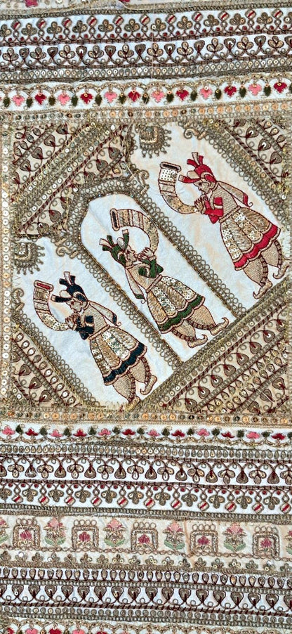 Vintage Gujarati Embroidered Wall Tapestry, Hand-Embroidered Mirror Work Ethnic Decor - KRIDHA DECOR