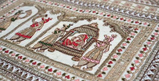 Vintage Gujarati Embroidered Wall Tapestry, Hand-Embroidered Mirror Work Ethnic Decor - KRIDHA DECOR