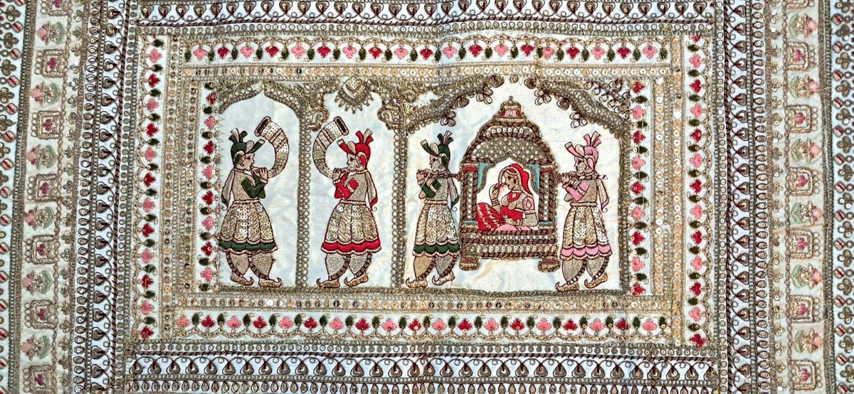 Vintage Gujarati Embroidered Wall Tapestry, Hand-Embroidered Mirror Work Ethnic Decor - KRIDHA DECOR