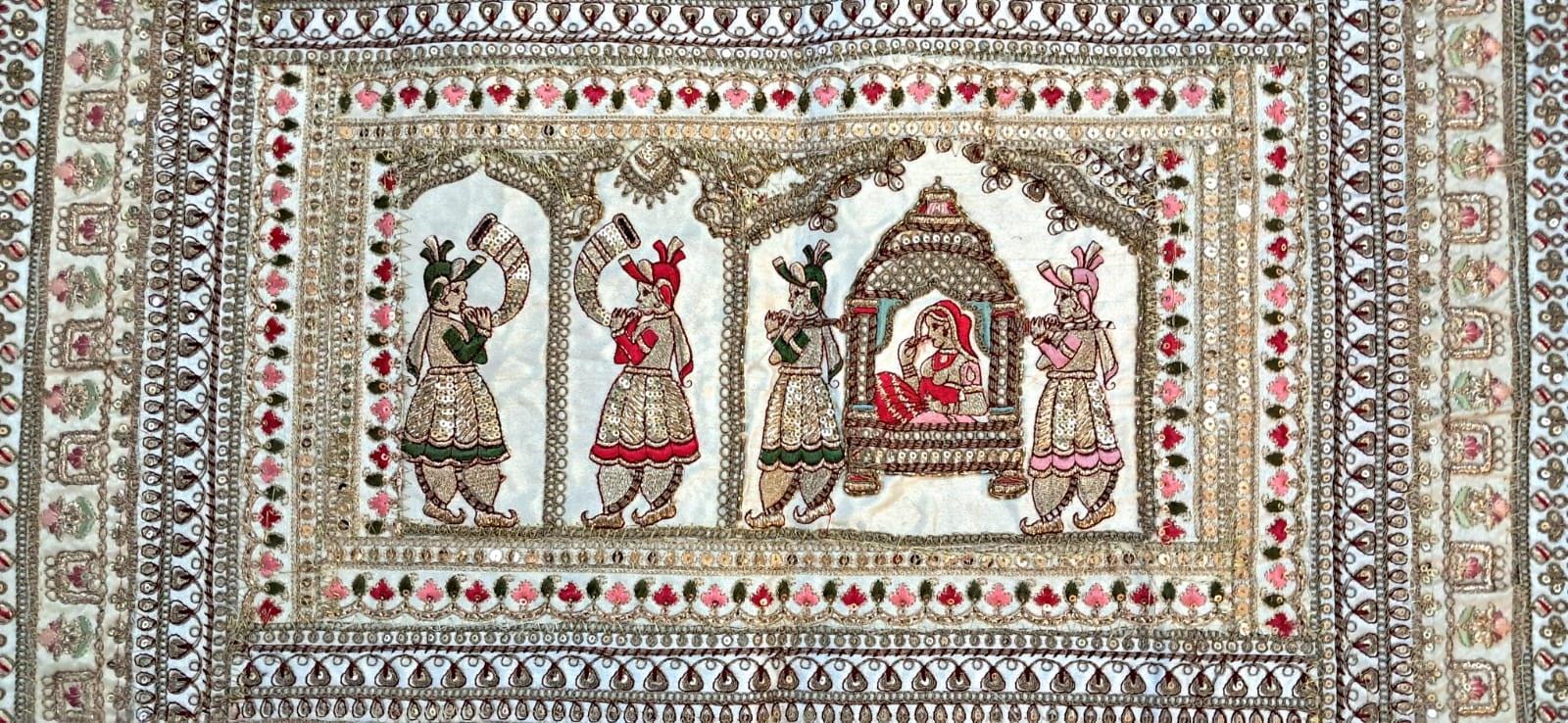 Vintage Gujarati Embroidered Wall Tapestry, Hand-Embroidered Mirror Work Ethnic Decor - KRIDHA DECOR
