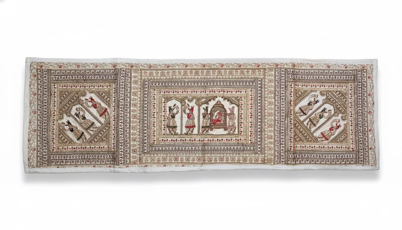 Vintage Gujarati Embroidered Wall Tapestry, Hand-Embroidered Mirror Work Ethnic Decor - KRIDHA DECOR