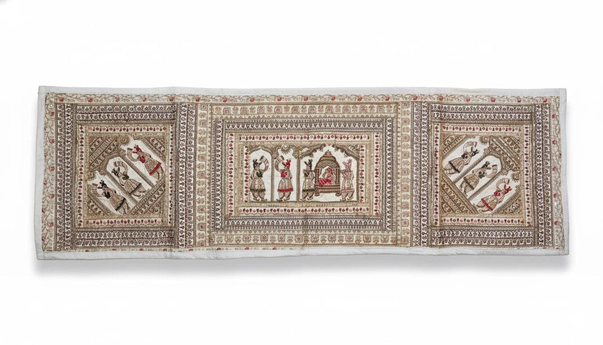 Vintage Gujarati Embroidered Wall Tapestry, Hand-Embroidered Mirror Work Ethnic Decor - KRIDHA DECOR