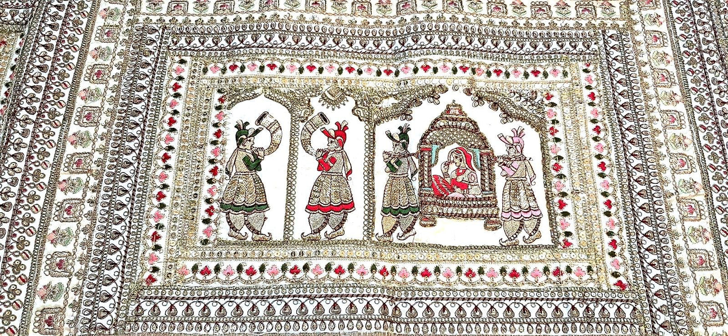 Vintage Gujarati Embroidered Wall Tapestry, Hand-Embroidered Mirror Work Ethnic Decor - KRIDHA DECOR