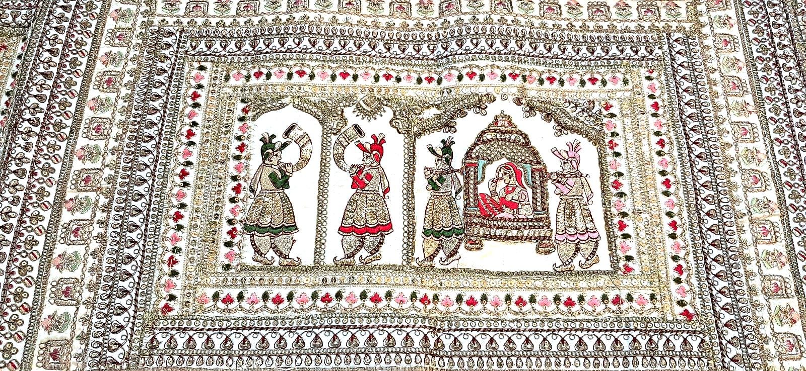 Vintage Gujarati Embroidered Wall Tapestry, Hand-Embroidered Mirror Work Ethnic Decor - KRIDHA DECOR