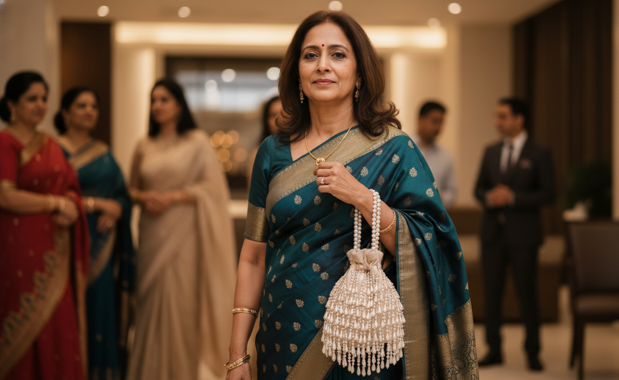 Woman in a blue saree with a white beaded bag standing in a room with other people.