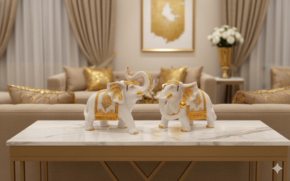 Elephant Figurines White Gold Elephant Statue Pair, Lucky Trunk Home Decor, Indian Gift